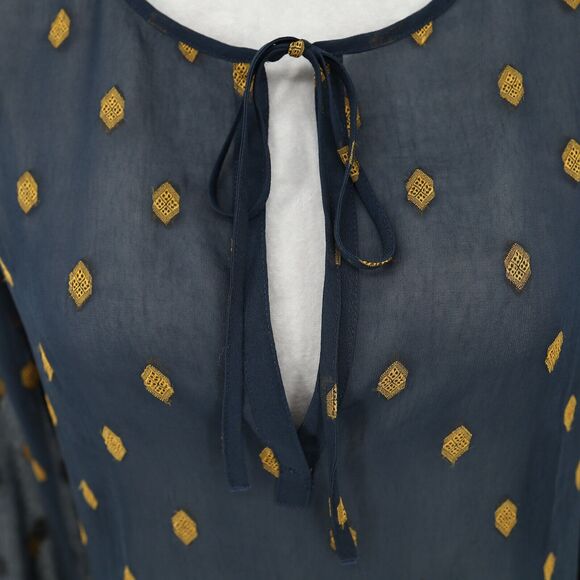 Ann Taylor Top Petites SP PS Navy Blue Sheer Blouse Gold Medallions Embroidery - Picture 10 of 14